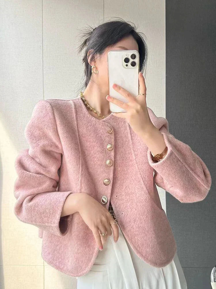 Jmprs French Elegant Tweed Jacket Women Fashion Sweet Single Breasted Coat Fall Winter Long Sleeve O Neck Design Casual Outwear