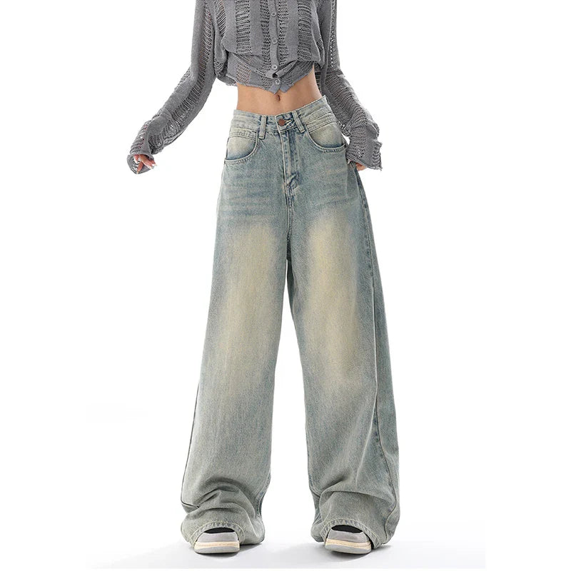 American Vintage Y2K Wide Leg High Waist Straight Jeans Pants Women's Casual Baggy Grunge Streetwear Style Denim Trouser