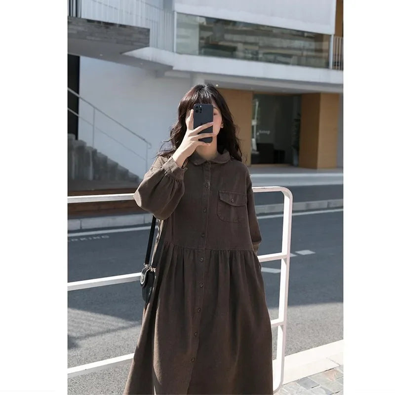 Fashion Winter Dress Loose Shirt Ruffle Long Sleeve Dress Robe Harajuku Vintage Dress Lady T Shirt Streetwear Solid Casual Dress