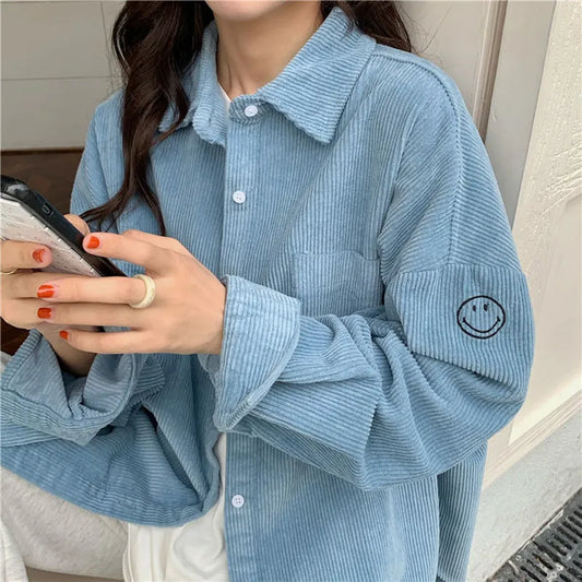 BIYABY Autumn Korean Style Corduroy Shirt for Women Loose single Breasted Blouses Woman Solid Color Turn-Down Collar Shirt