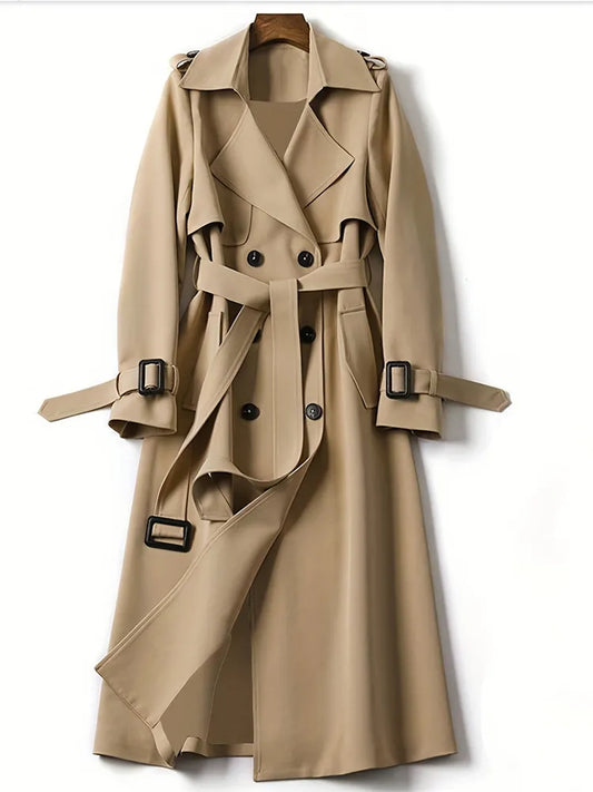 2023 Autumn New Women's Long Solid Trench Coat Classic Double Breasted Lapel Coat Jacket with Belt Women's Classic