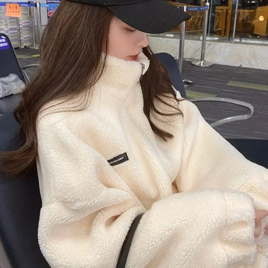 Solid Color Hoodie for Women Korean Fashion Lamb Fleece Coat 2022 Winter New Trend Free Shipping Oversized Hoodie