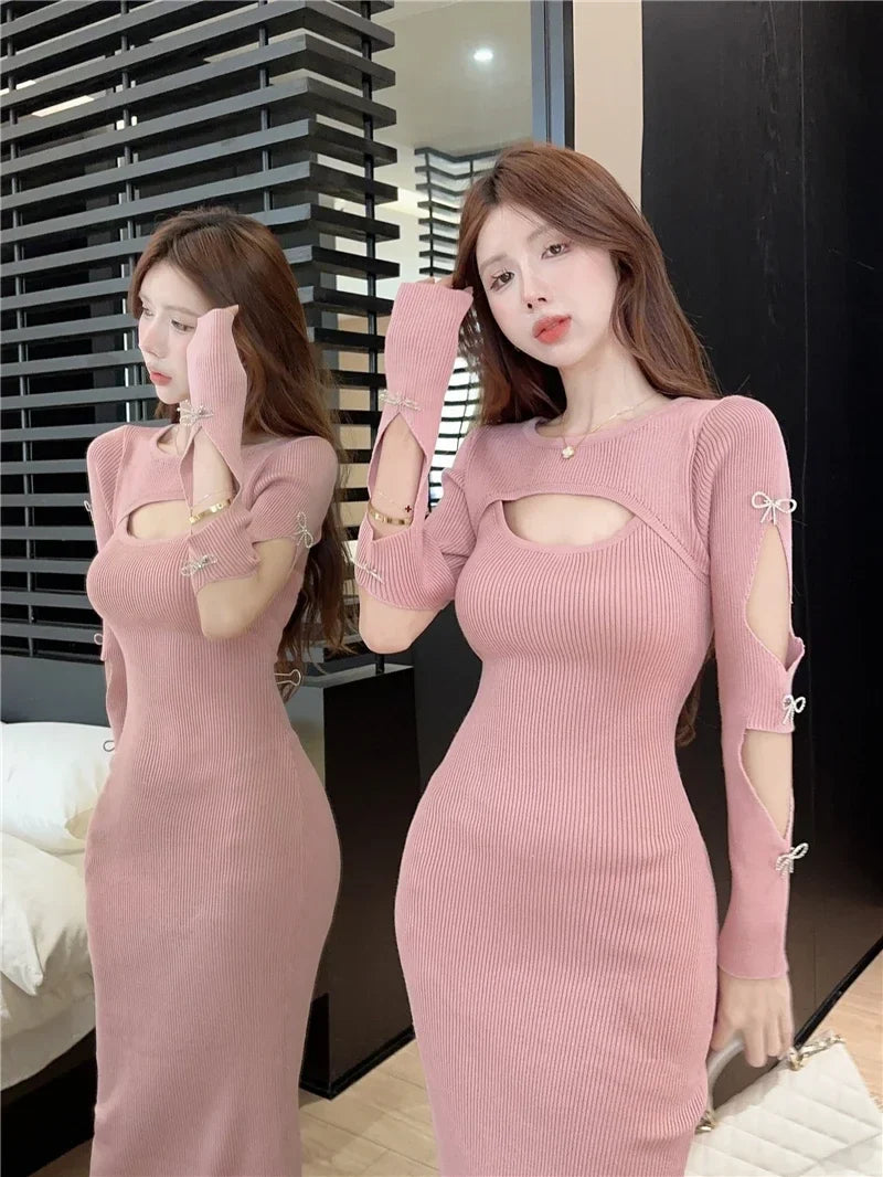 warmmeta Girl O-Neck Long-sleeved Dress Women's Autumn/Winter Hollow Out Slim Fit Sexy Wrapped Hip Knitted Dress Female Clothes