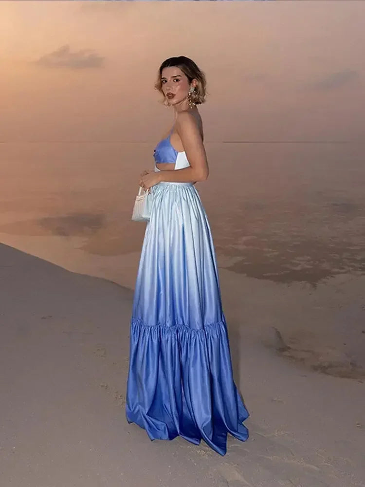 Women's Elegant Blue Gradient Cut-out Suspender Maxi Dress Chic Sexy Backless Sleeveless Slim Dresses Female Beach Vacation Robe