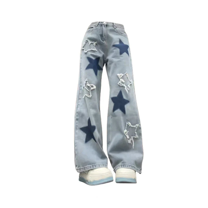 warmmeta Women's Baggy Blue Star Jeans Vintage Y2k 90s Aesthetic Denim Trousers Harajuku High Waist Wide Cowboy Pants 2000s Clothes