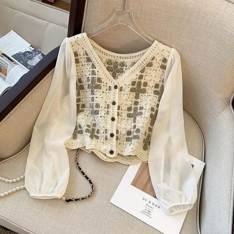 Vintage V-nevk Single Breasted Lace Embroidery Blouses For Women Elegant Thin Chiffon Shirt Tops Casual Loose Long Sleeve Blusas