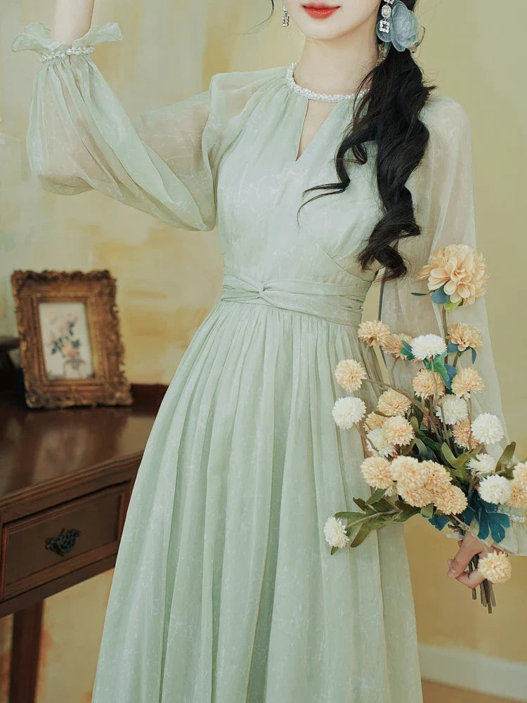 Nafia Seafoam-Green Pearl Beaded Romantic Princess Dress