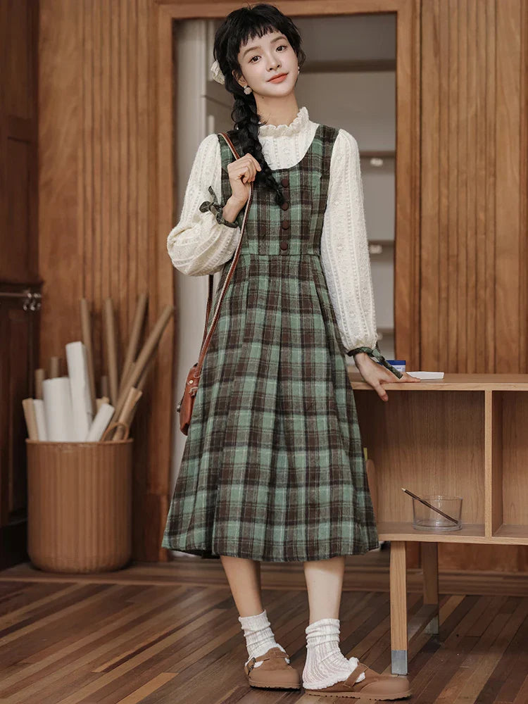 Slower Life Plaid Long Sleeve Cottagecore Dress