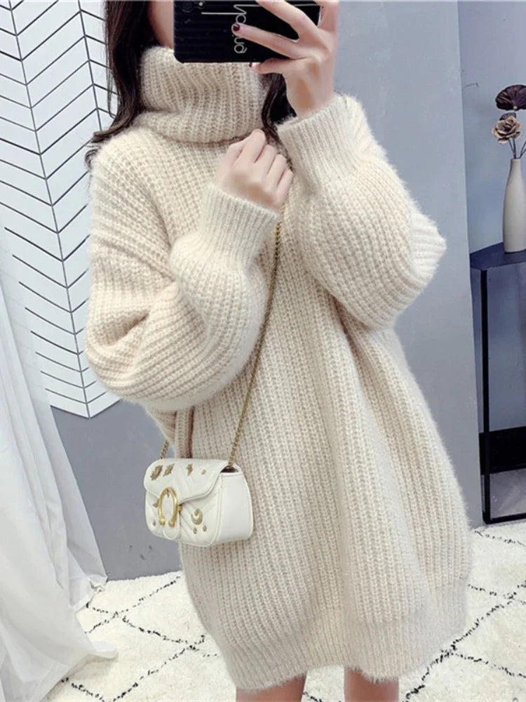 Women's Sweater High Neck Long Sleeve Sweater Dress Autumn Winter New Mid Length Knitted Womens Clothing Comfortable Versatile