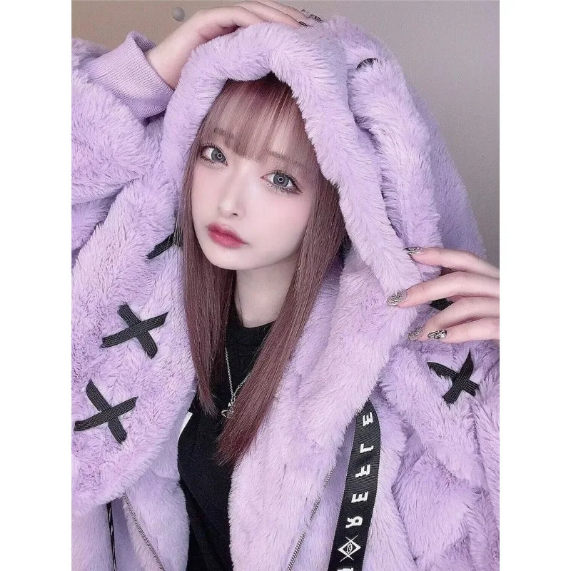 Autumn Winter New Rabbit Ears Fur Coat Women Harajuku Style Plush Coat Fashion Sweet And Cute Hooded Jacket Winter Coat Women