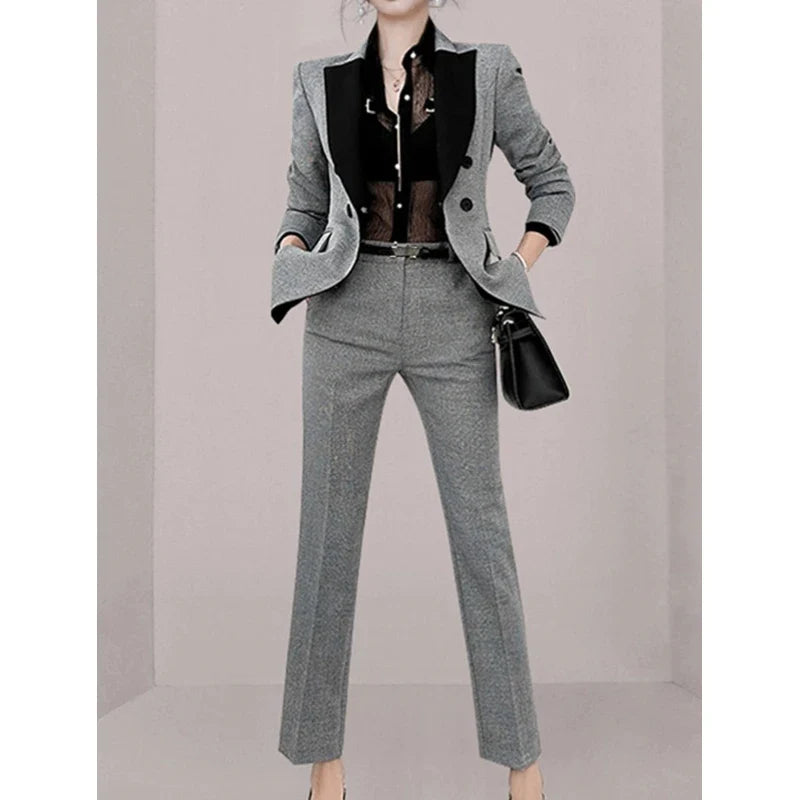 Vintage Women Office Sets New Korean Fashion Notched Elegant Long Sleeve Blazer Casual High Waist Pantsuits Female 2 Pieces Set