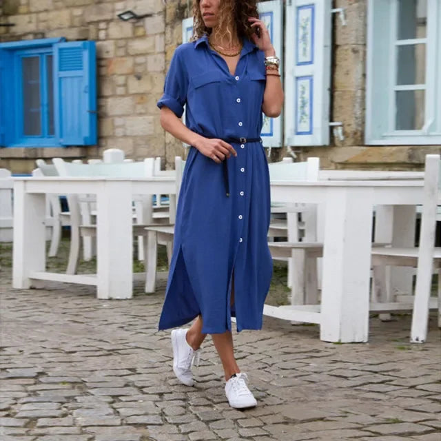 warmmeta-Summer Button Side Split Long Dress Women Solid Casual Loose Dress Ladies Long Sleeve Midi Dresses 2024 Luxuri Even Dress