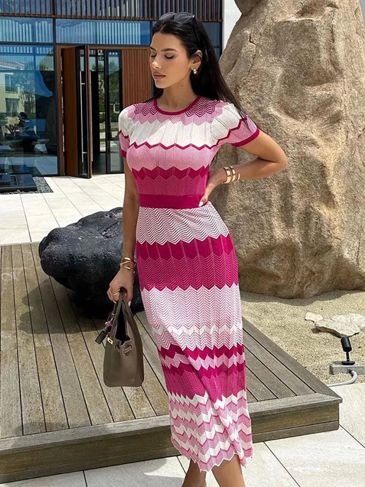 Women Contrast Knitted Slim Maxi Dress Fashion Round Neck Short Sleeve Dresses 2023 Autumn Elegant Lady Vacation Street Vestido