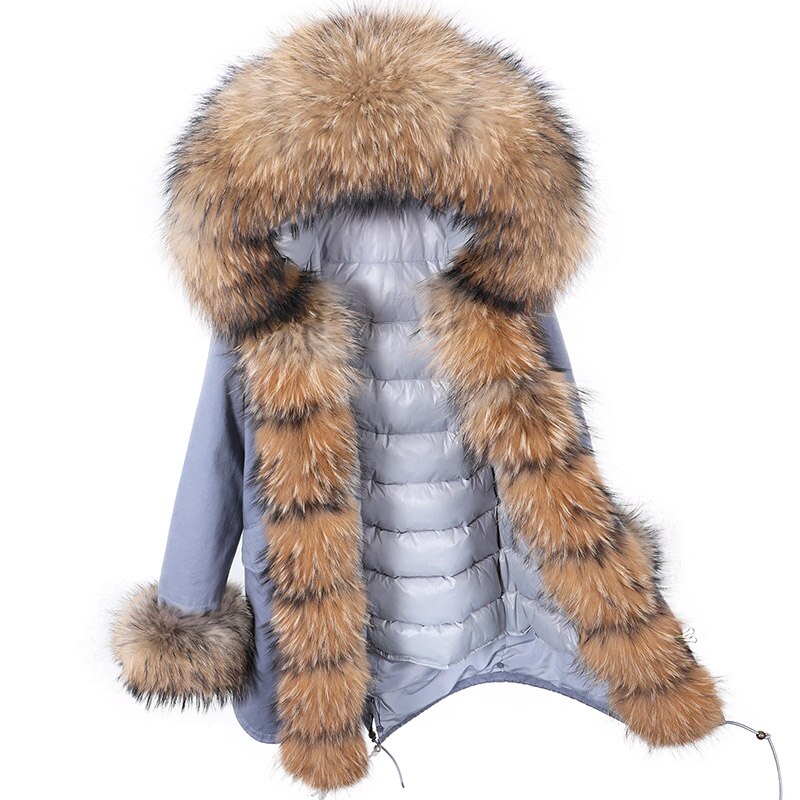 warmmeta 2023 Winter Hooded Thick Natural Real Raccoon Fur Collar Placket with Cuffs Down Jacket Woman Parkas Long Puffer Coat