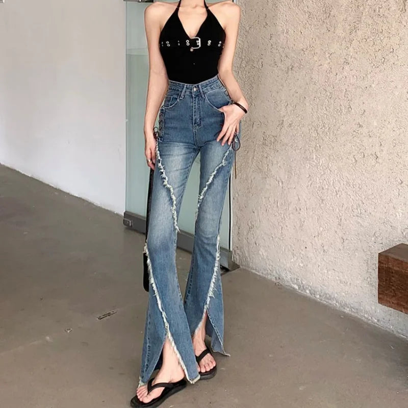 Y2k Slit Raw Edge Strappy Flared High Waist Jeans Retro High Street Fashion Wide Leg Pants Hot Girl Casual Simple Trousers