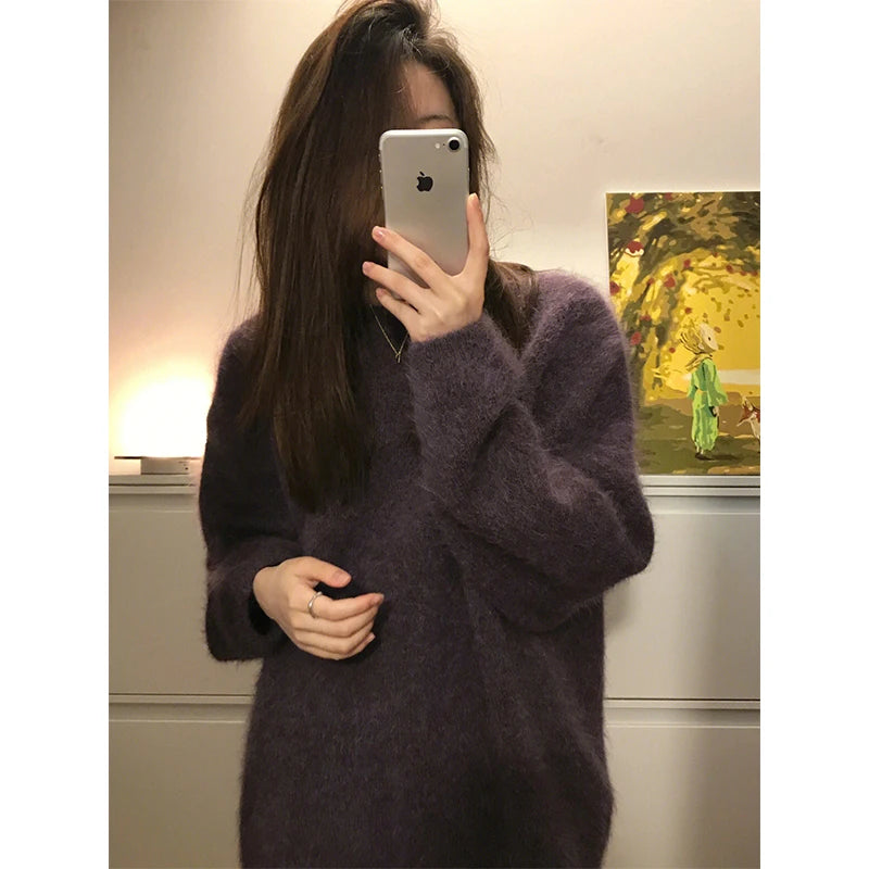 Winter Casual Purple Knitting Long Sleeve Solid Color Pullovers Korean Fashion Women Chic Loose Coquette Warm Sweater