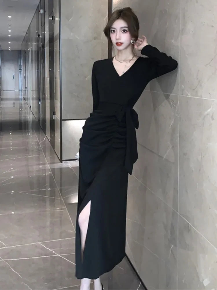 WARMMETA Sexy Dresses Women French Style Chic Bandage Elegant Slim Split V Neck Solid Vintage Dress Autumn Winter Ladies Basic