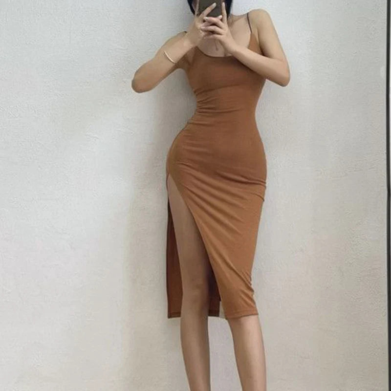 warmmeta-2024 New Sexy Sleeveless Slim Long Dress Women Party Club High Split Spaghetti Strap Dresses Woman Bodycon Dress Female