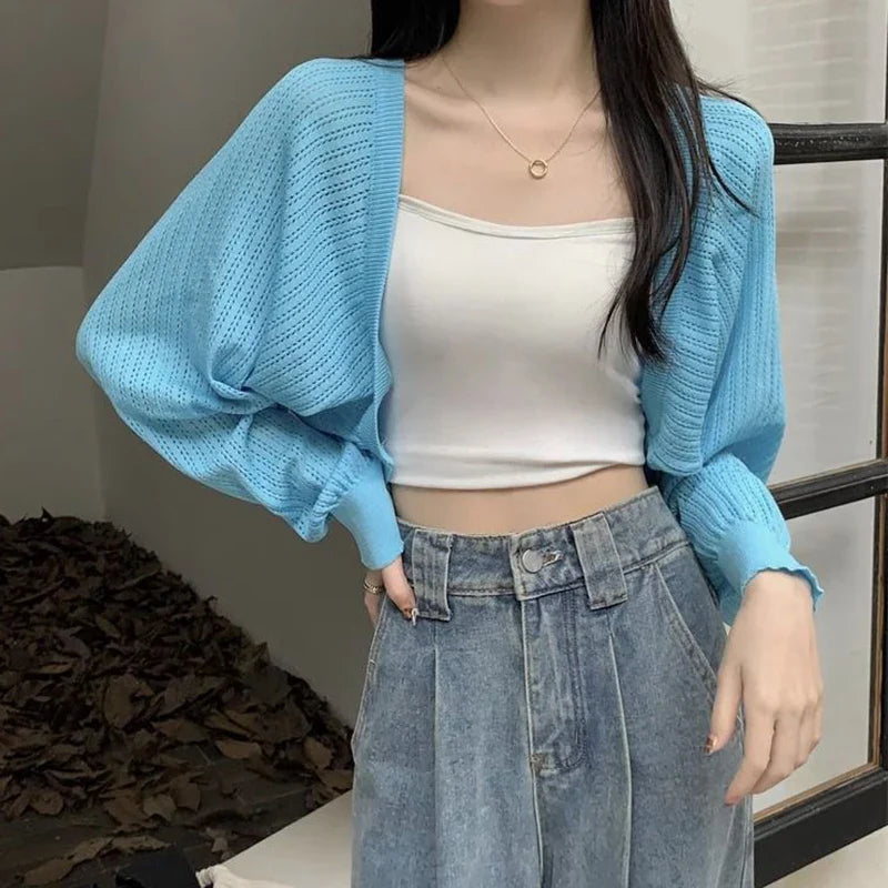 Rimocy Sunscreen Crop Knit Cardigan Women Korean Style Solid Color Thin Cardigan Coat Woman Simple Long Sleeve Smock Top Ladies