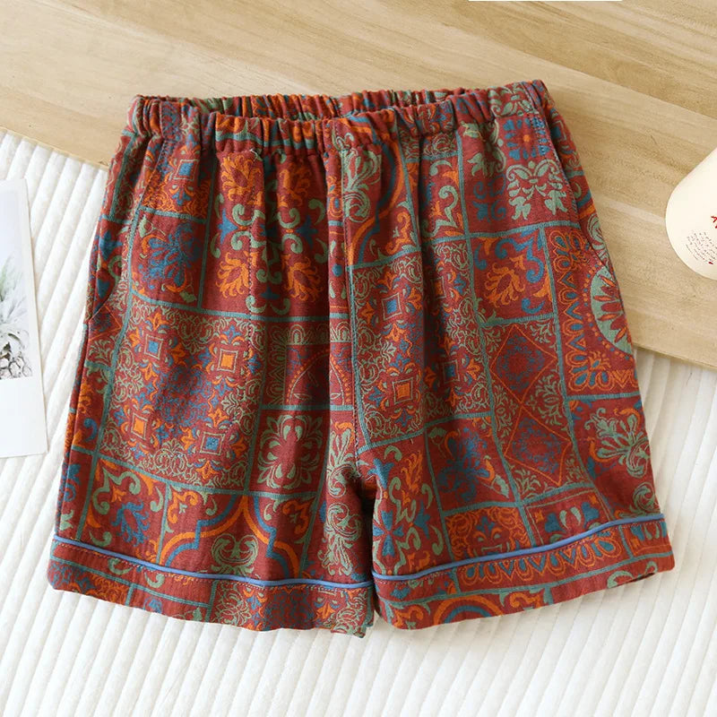 warmmeta-New Summer Women's Pajamas 100% Cotton Shorts Yarn-dyed Jacquard Shorts Women's Loose Home Pants Thin Home Pants Pajamas