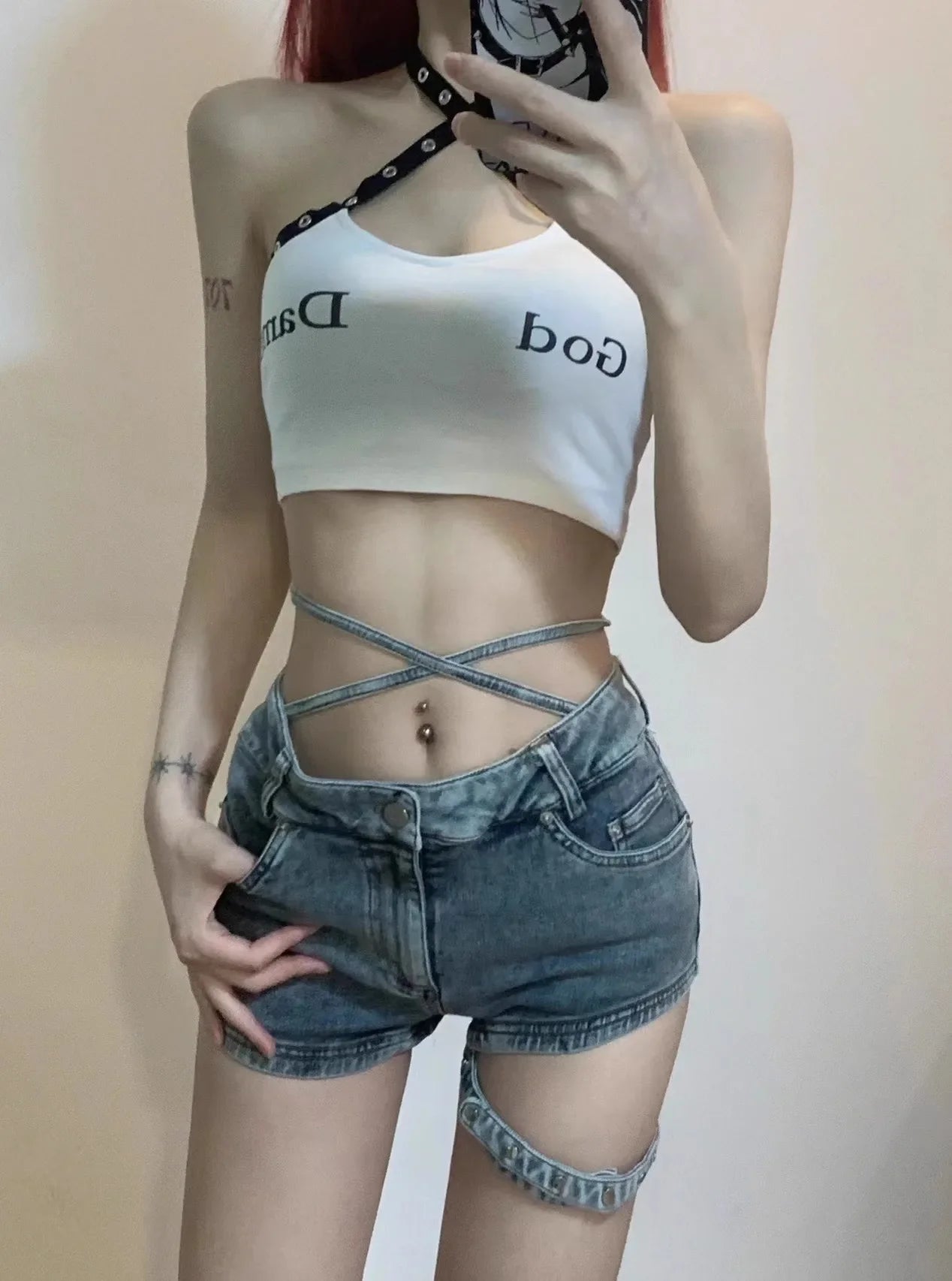 2024 New Retro Wash Strappy Denim Shorts Women's Summer New High-waisted Slim Wide-legged Bodycon Jeans Hot Pants