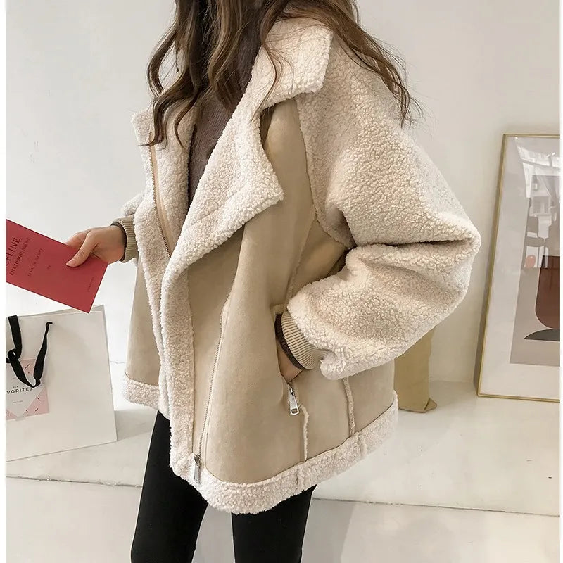 Fashionable 2023 Loose Wool Blend Fur Coat Women's Short Motorcycle Jacket Wool Coat Women