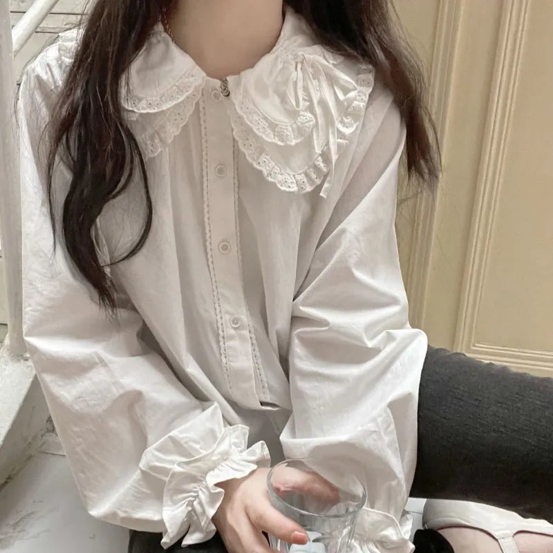 QWEEK Kawaii Lace Shirt White Peter Pan Collar Blouses with Lush Sleeve Fall 2021 Korean Lolita Preppy Style Button Up Cute Tops