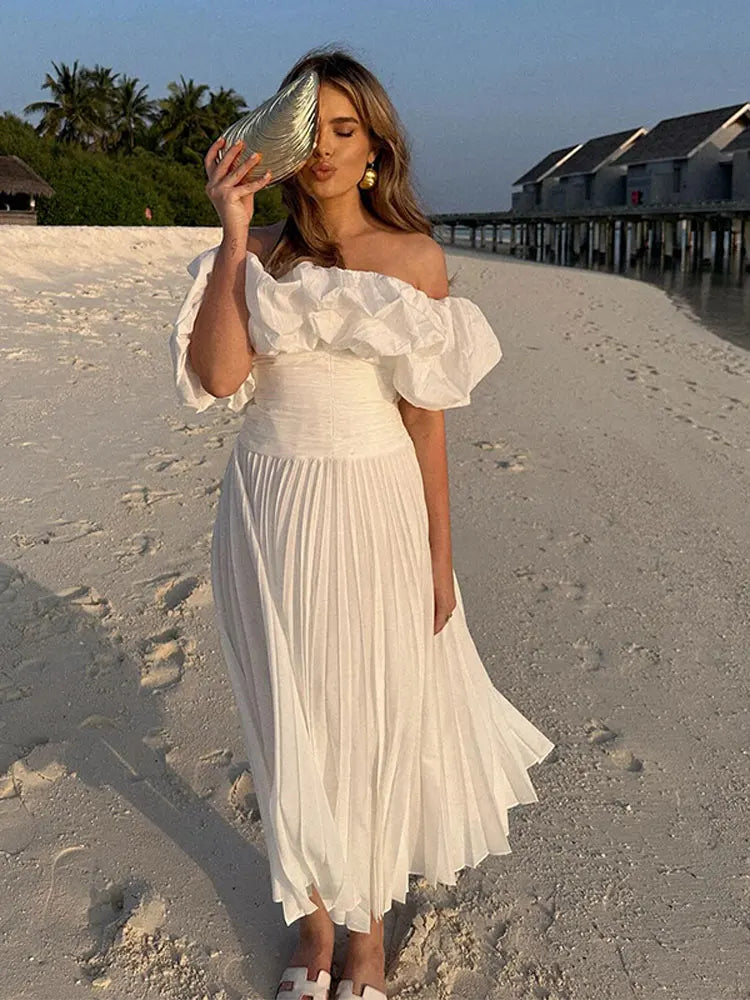 Women's Sexy Off Shoulder Backless Sleeveless Maxi Dress Vestidos Female Ruffles Loose Vacation Beach Robe Lady Beachwear