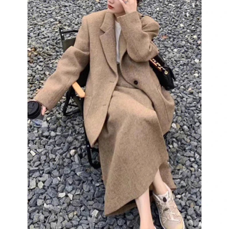 Elegant Chic Women Solid Woolen Blazer Skirts Suit Casual Loose Vintage Jackets Midi Skirt Two Pieces Set Female Fashion Clothes