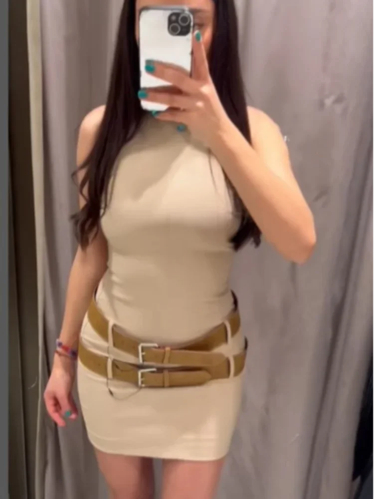 Spring Women's Solid Mini Dress With Double Belt Sexy O Neck Sleeveless Bpdycon Dresses Casual Female New High Street Vestidos