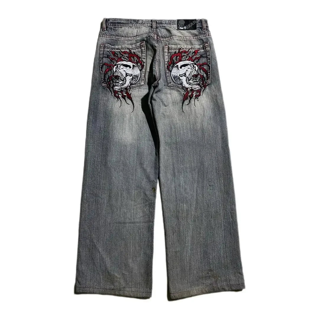 warmmeta Gothic black metal pocket skull embroidered mid-rise washed jeans for men and women Harajuku street punk casual wide leg pants