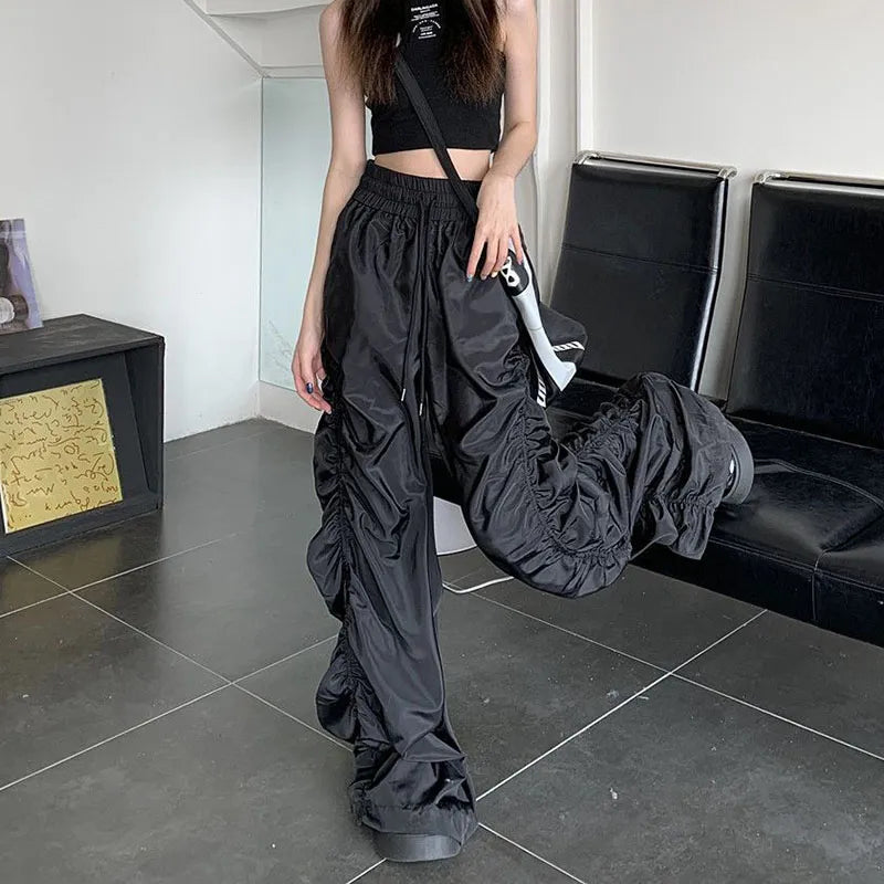 Lucyever Y2K Vintage Folds Wide Leg Trousers Women Diablo Style High Waist Drawstring Full Pants Unisex Bf Baggy Casual Pants