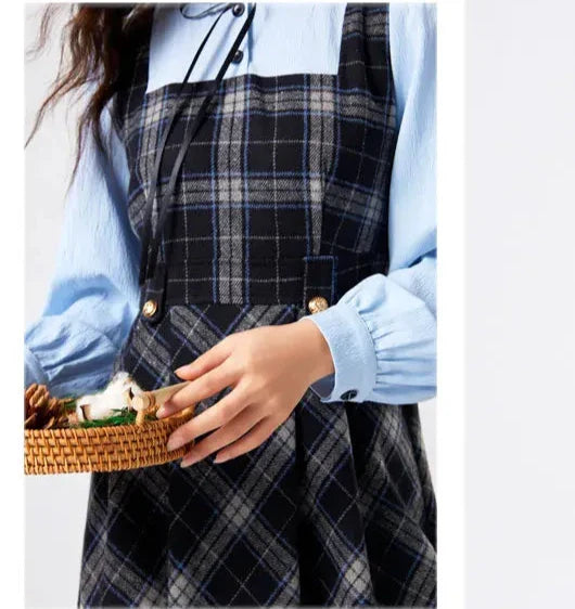 Blue Stories Dark Academia Plaid Long Sleeve Dress