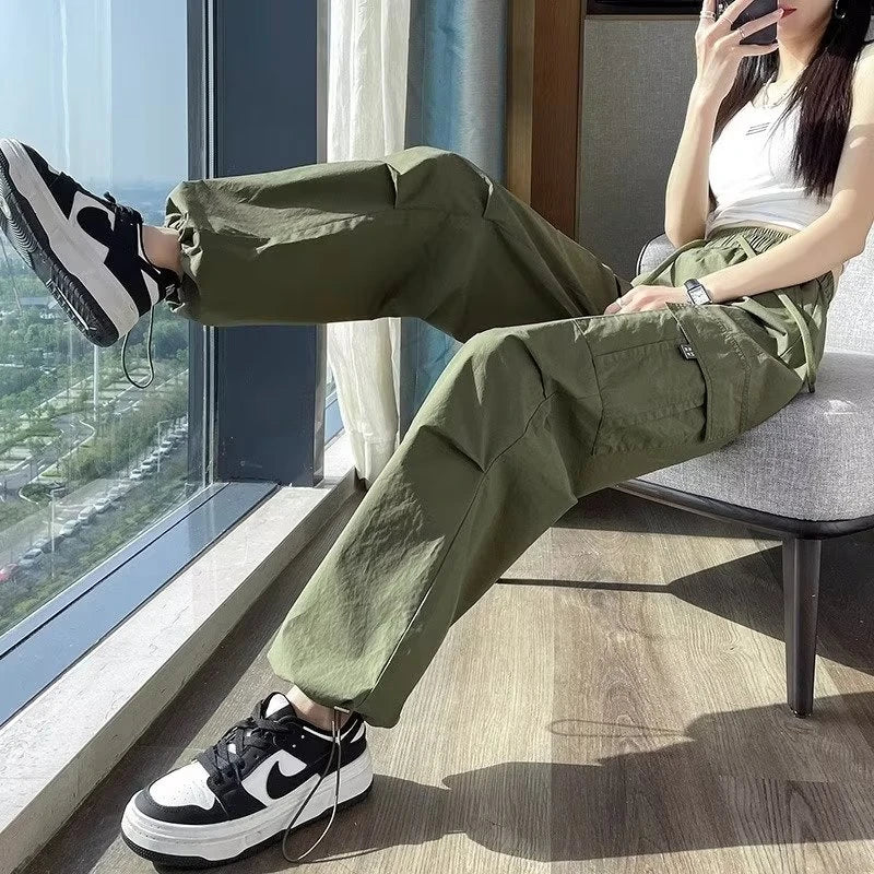 Casual Joggers Cargo Pants for Women Solid High Waist Pants Drawstring Wide Leg Baggy Trousers Y2k Streetwear Slim Sweatpants