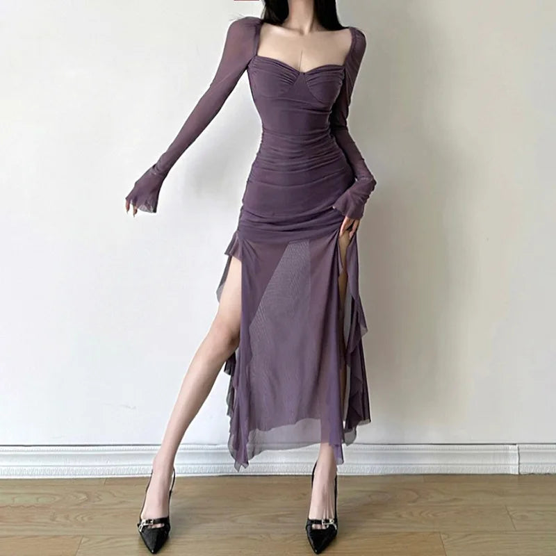 warmmeta-Winter Party Queen Purple Mature Sexy Beautiful Confident Elegant Graceful Women'S Translucent Thin Straight Dress