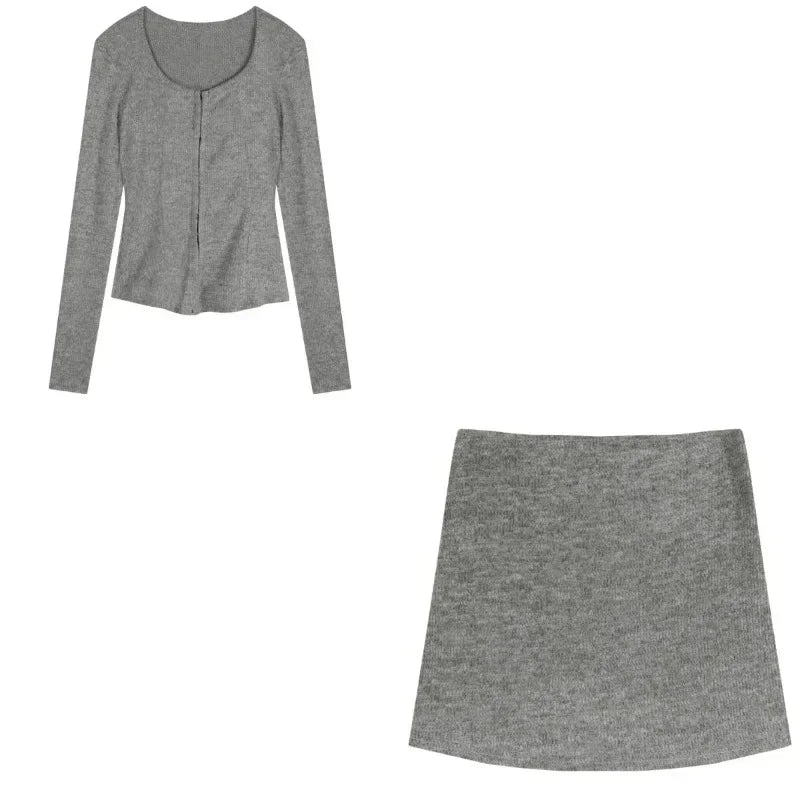 2023 Autumn New Grey Casual Knitted Suits Sexy 2 Piece Skirt Set Woman Elegant Y2k Crop Tops + High Waist Slim Mini Skirt Korean