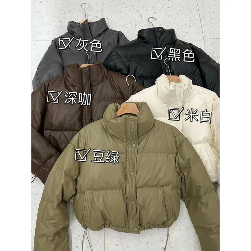 Short American Style PU Leather Down Padded Jacket Women's Winter New Style Thickened Loose Small Bread Jacket Padded Parka