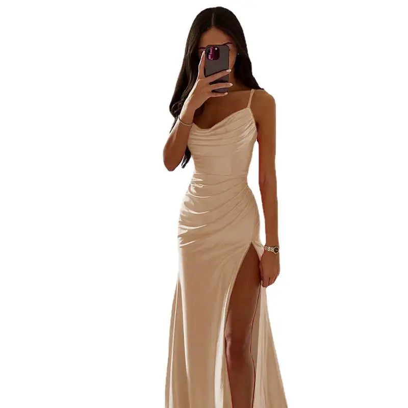 WARMMETA Satin Backless Side Split Maxi Dress Women 2024 Summer Sexy Slim Off Shoulder Ruched Bodycon Female Party Evening Dresses