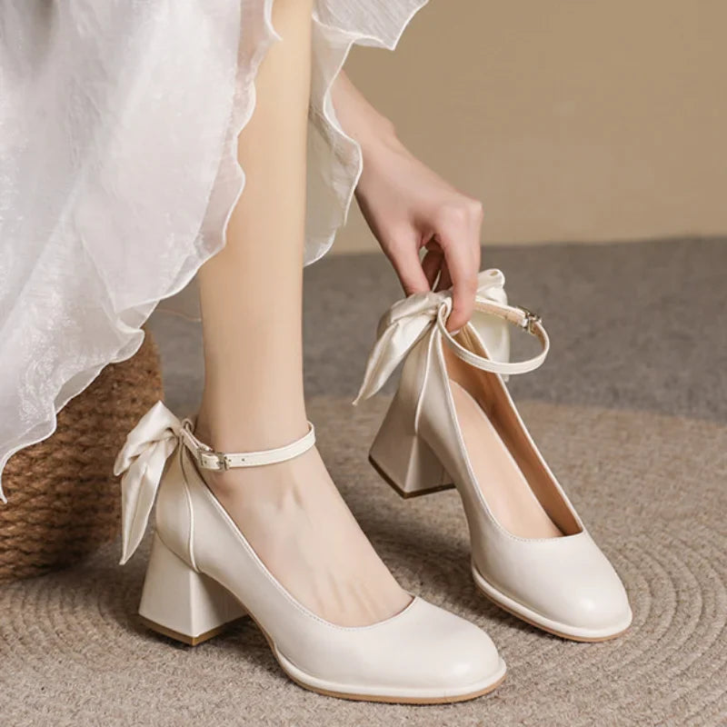 PICSGIRL -  Women Wedding Shoes Sweet Silk Ribbon Bow 5cm Heel Pumps Lady Mary Jane Party Shoes Bridesmaid Lolita Girls Shoes