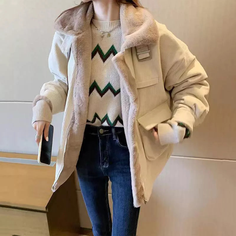 Biyaby New Autumn Winter Warm Corduroy Jacket Women Casual Loose Thicken Plush Coat Woman Korean Pocket Zipper Lamb Wool Parkas