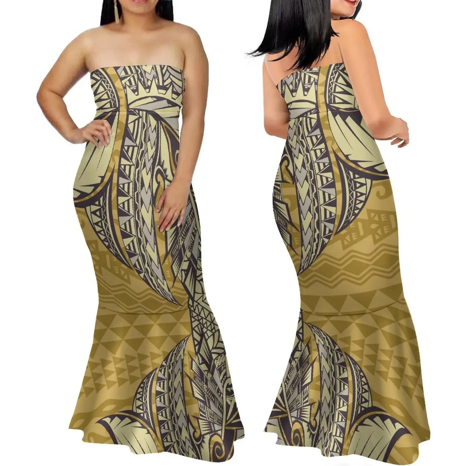 Strapless Hawaii Print Dress Polynesian Dress Mermaid Ruffle Bottom Samoa Maxi Skirt Polenesian Print Tribal Design