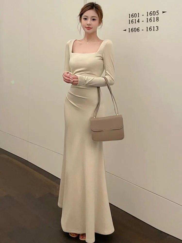 Elegant Slim Waist Women Mermaid Dress French Square Neck Lady Party Solid Midi Dresses Vintage Long Sleeve Female Clothes