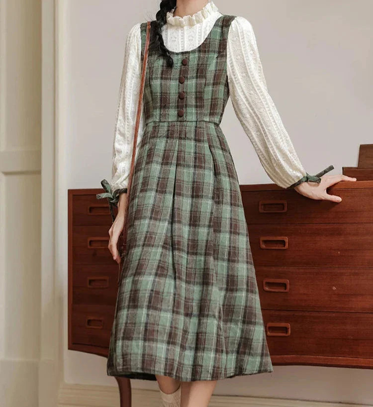 Slower Life Plaid Long Sleeve Cottagecore Dress