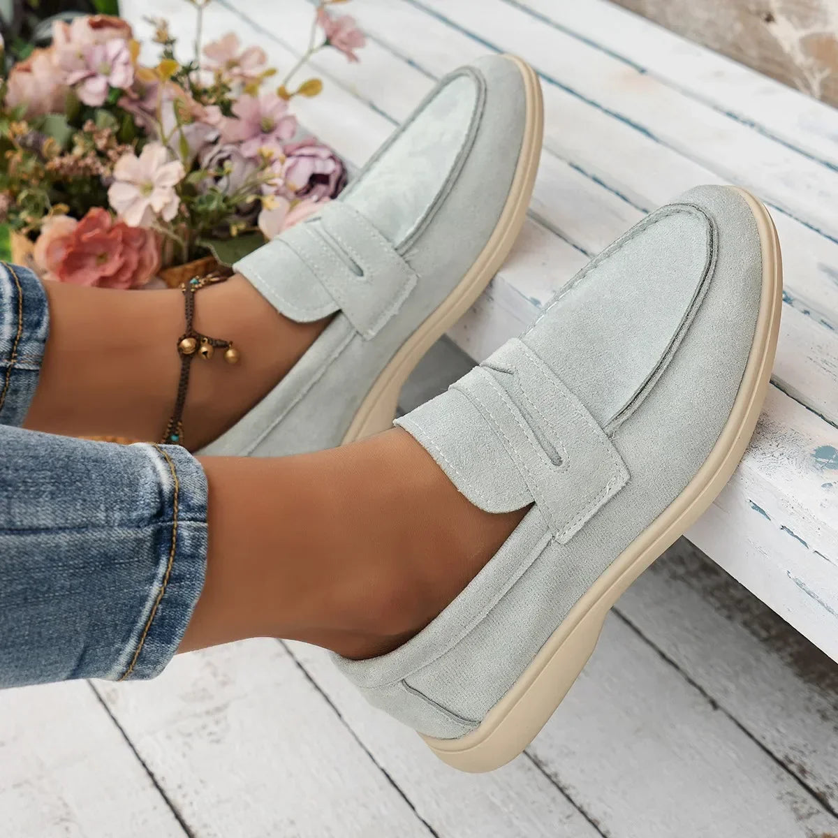 Women Flat Shoes Khaki Suede Summer Walk Shoes Slip-on Lazy Loafers Causal Moccasin Comfortable Mules Driving Shoes