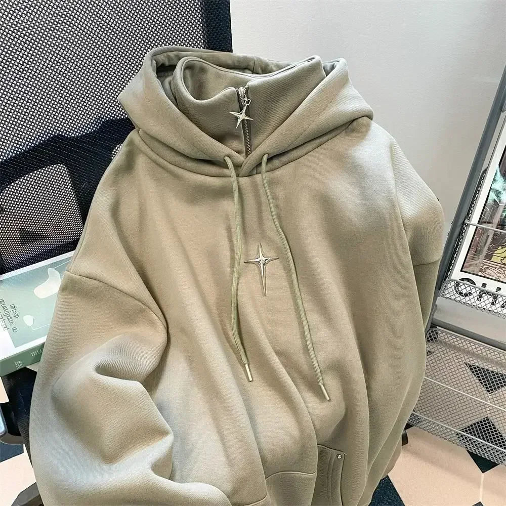 American Style Retro Design Sense Four Pointed Star High Collar Hooded Sweater for Men and Women Trend Winter Thick Top Coat