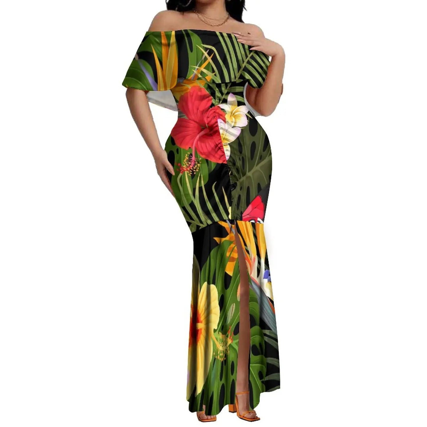 Pacific Island Art Women's Dresses Polynesia Hawaii Retro Style Off Shoulder Split Mermaid Dress