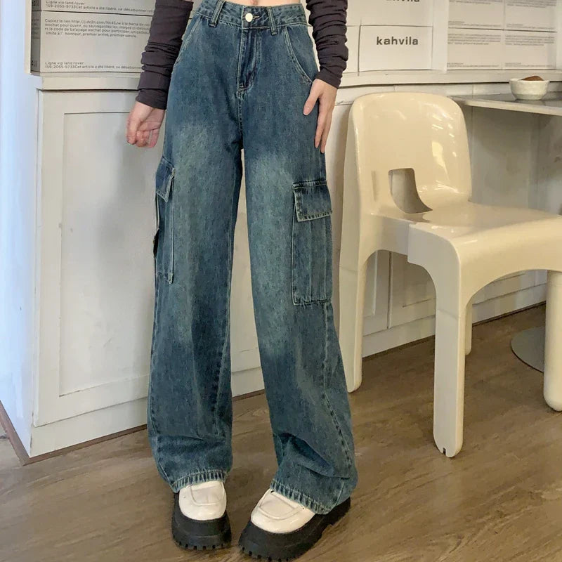 Korean Fashion Baggy Pants Women 2022 Summer Vintage High Waist Jeans Casual Straight Wide Leg Denim Trousers Lady Outdoor Slim