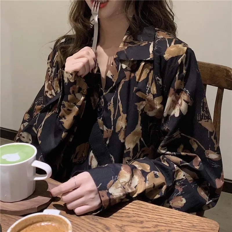 QWEEK Vintage Women's Blouses Oversized Harajuku Black Shirt Streetwear Preppy Style Kpop Fashion Chiffon Long Sleeve Top Casual