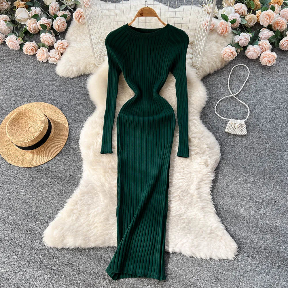 Winter Women Knit Maxi Dress O Neck Autumn Long Sleeve Slim Solid Harajuku Ladies Fashion Pencil Sweater Long Dresses