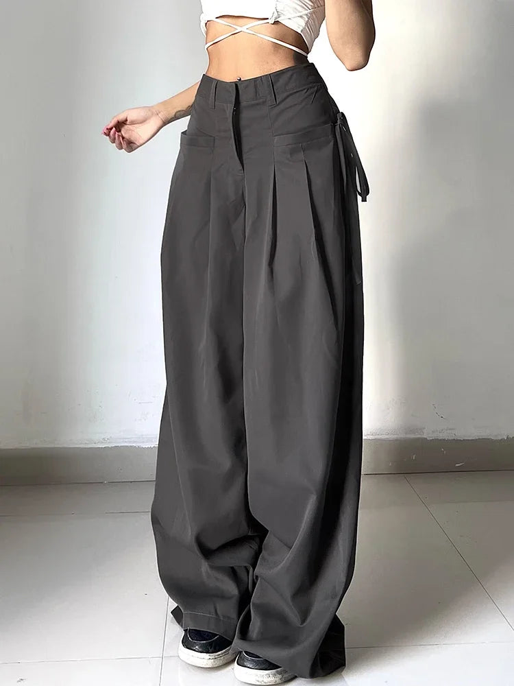 Shirring Casual Wide Leg Pants Women High Waist Street Basic Loose Sweat Trousers Korean Retro Gray Office Y2K Lady Pants